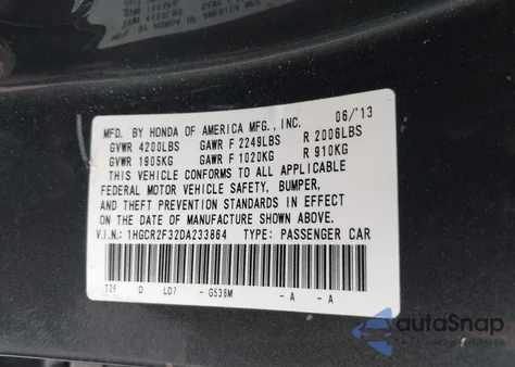 2013 Honda Accord Lx из США, поврежденный, VIN 1HGCR2F32DA233864